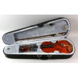 20th century half size student's violin with bow in case.