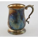 George V silver mug of baluster form with scroll handle, by Atkin Brothers, Sheffield, 1929, 10.5oz,