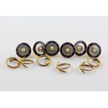 Set of six dress buttons, central round white pearl, set on a round section of mother of pearl,