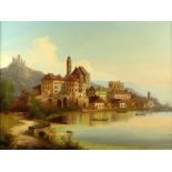 19th century Continental school, landscape with town and castle in the distance, oil on canvas,