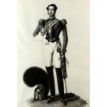 Photographic reproduction of a Continental soldier in uniform with a plumed helmet, 51 x