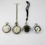Four pocket watches, silver pocket watch, white enamel dial with Roman numerals and subsidiary dial,