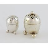 Victorian silver egg form pepperette with ball finial and feet, by Walker & Hall, Sheffield, 1900,