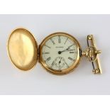 Waltham full hunter pocket watch, white enamel dial with Roman numerals, subsidiary dial and
