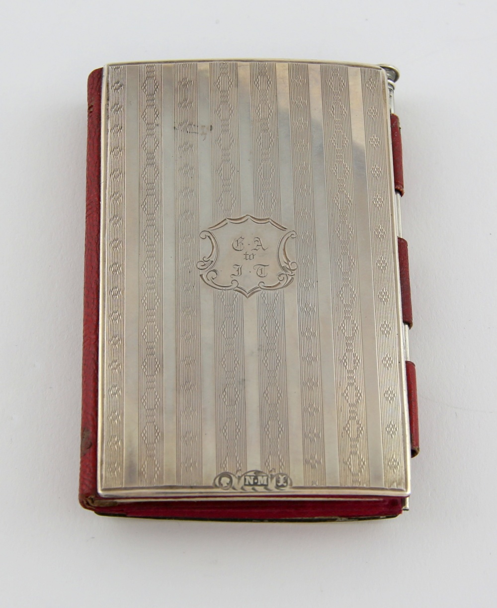 Victorian silver, leather and ivory aide memoire, with engine turned decoration, pencil and three