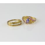 Diamond dress ring, central band set with tapered baguette stones, with rows of round cut yellow