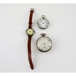 Victorian open faced silver pocket watch, white enamel dial with Roman numerals subsidiary dial