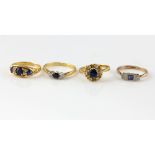 Four sapphire and diamond rings, Edwardian ring, set with three round cut sapphire and four old