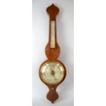 19th Century banjo form resewood barometer with silvered dial and thermometer, 100 cm