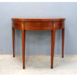 19th Century mahogany and satinwood strung demi lune folding card table on square tapering legs 74 x