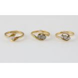 Three diamond set rings, Edwardian three stone twist ring, set with old cut diamond, mounted in