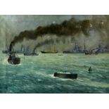 English School, 20th century, Britannia surveying the fleet, unsigned, oil on canvas, 46cm x 61cm,.