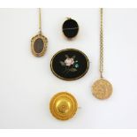 Pietra dura brooch with a pink rose, Edwardian locket with seed pearl in 9 ct gold on later chain,