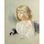John Rathbone Harvey (British, 1866-1933). Portrait of a little girl with a toy cat. 42 x 33cm.