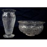 Art Nouveau cut glass bowl and similarly designed vase, vase 20 cm high (2).