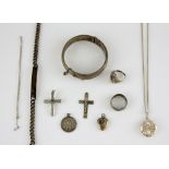 Group of costume jewellery, oval hinged engraved bangle, with cross pendant, Stanhope viewer