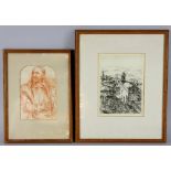 Red chalk, figure of a bearded man, 20cm x 13cm, together with a framed etching, (2).