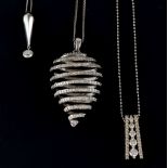 Three modern diamond necklaces, graduated diamond pendant, set with round brilliant cut diamonds,