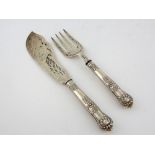 Pair of Victorian silver Queen's pattern fish servers, with engraved decoration, by Chawner & Co.,