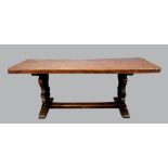 18th Century style oak refectory type dining table on shape support untied by stretcher 80 cm high -