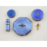 Silver and guilloche blue enamel RAF dressing set of compact, lipstick holder, and two rouge boxes