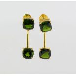 Diopside drop earrings, cushion cut stones, claw set, with single bar, mounted in yellow metal
