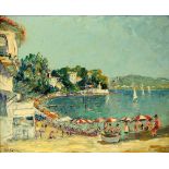 Bruzac, French beach scene with houses and boats, oil on board, signed lower left 30cm x 39cm .