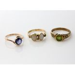 Double opal and pearl ring, mounted in yellow gold testing as 14 ct, size L with a sapphire twist