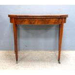 19th century mahogany folding tea table on square legs and castors, 76cm x 92cm