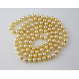 Opera length pearl necklace, cream round pearls measuring 6mm in diameter, strung with knots,