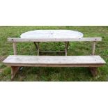 Teak garden folding garden table, top 162cm x 192cm wide and a bench 197cm wide