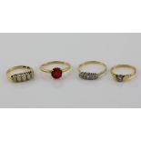 Four gold gem set rings, round brilliant cut diamond single stone ring, size O, an old cut diamond