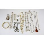 Collection of silver and costume jewellery, silver moonstone brooch and clip on earrings set, by Pam