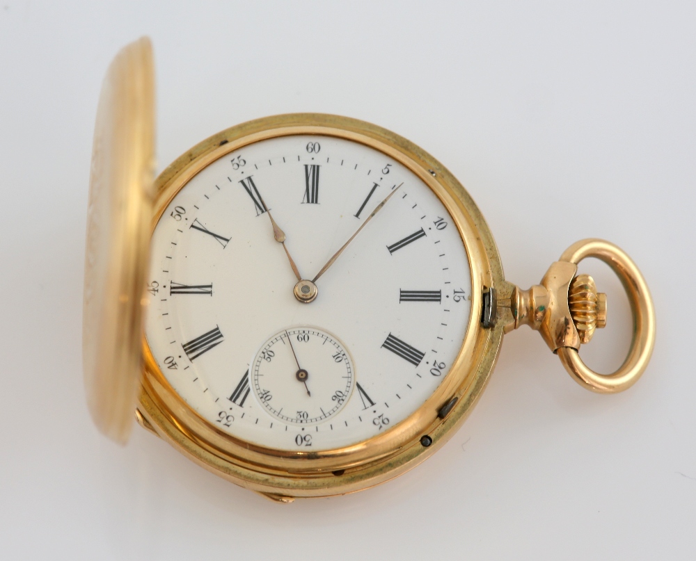 Full hunter pocket watch, white enamel dial with Roman numerals, subsidiary dial and minute track,