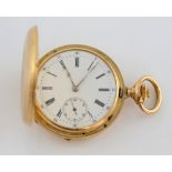 Full hunter pocket watch, white enamel dial with Roman numerals, subsidiary dial and minute track,