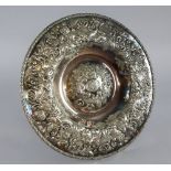 Renaissance style silver plated rosewater dish, with embossed decoration with pineapples, flowers