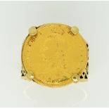 Gold ring set with Victorian 1892 Half Sovereign shield back, coin, yellow metal ring mount, testing