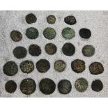 Group of ancient bronze Islamic coins, mainly with script only, one within hexafoil another marked