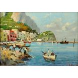 20th century, Continental School, coastal scene with figures, boats and buildings, indistinctly