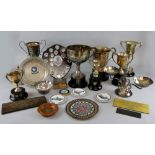 Silver plated wares including, snooker cup, open fishing shield, women's squash rackets