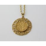 Zodiac pendant set with Victorian full Sovereign dated1889, yellow metal mount and belcher link