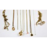 Six fine chains, all stamped 9 ct with four small pendants, and a group of tangled necklaces and