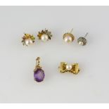 Group of items, including a pearl set bow clasp, stamped 18 ct, pair of multi gem set pearl