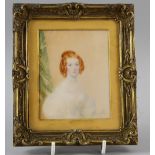 19th century portrait miniature on ivory, young lady with red hair, in ormolu frame cast with