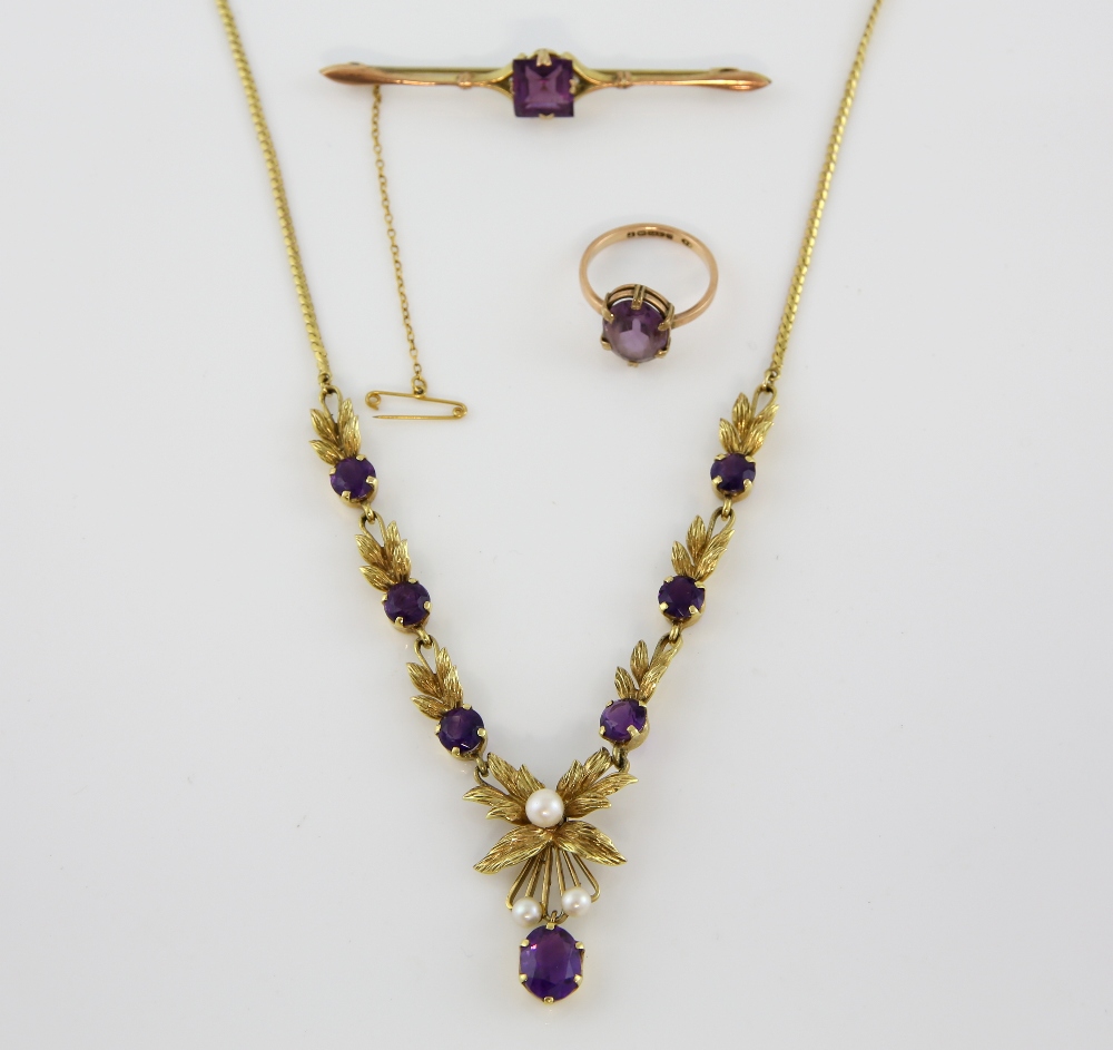 Vintage amethyst and pearl floral necklace, with bolt ring clasp, hallmarked London 1975, length