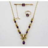 Vintage amethyst and pearl floral necklace, with bolt ring clasp, hallmarked London 1975, length