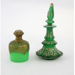 19th Century green glass and metal mounted perfume bottle, the top inset with a watercolour of a