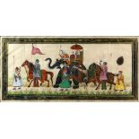 20th century Indian painting on fabric depicting a procession of figures riding an elephant, camel
