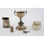 George V silver christening mug with banded decoration, maker's mark rubbed, London, 1920, trophy