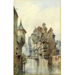N. S. Crichton, 19th century, 'Quimper, France', river scene with buildings, signed, watercolour,